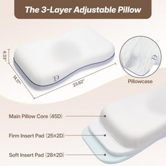 Three layer adjustable pillow with main core firm insert and soft insert pads