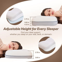 Adjustable memory foam pillow showing multiple height options