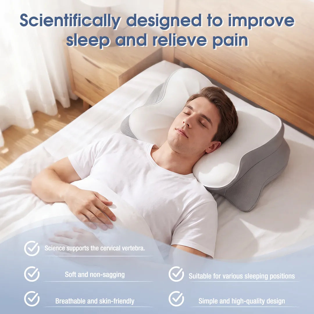 Man sleeping on a CosBed ergonomic contour memory foam pillow for neck support