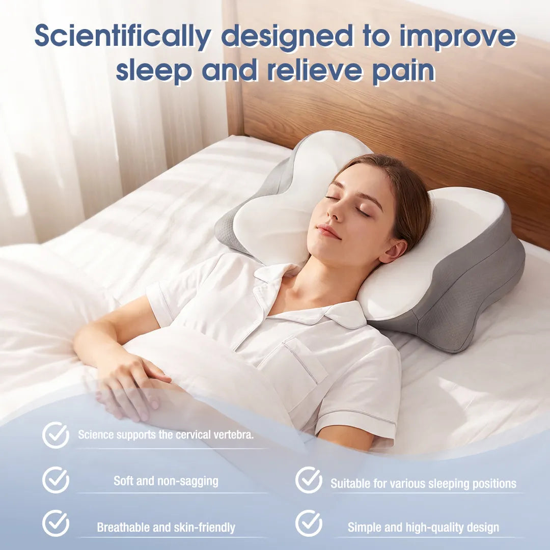 Woman sleeping on a CosBed ergonomic memory foam pillow with contoured neck support