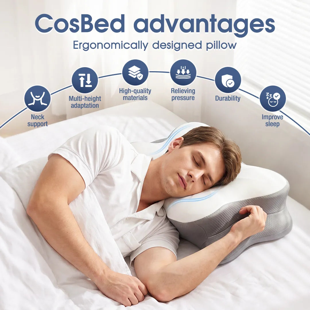 Side sleeper using a CosBed ergonomic memory foam pillow with neck and pressure support