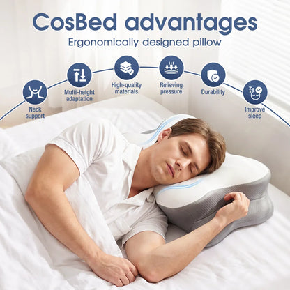 Side sleeper using a CosBed ergonomic memory foam pillow with neck and pressure support
