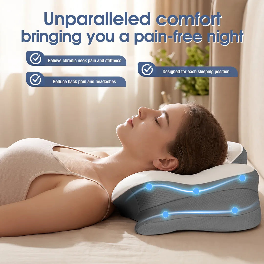 Woman resting on a CosBed contour memory foam pillow with ergonomic cervical support