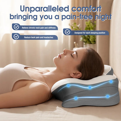 Woman resting on a CosBed contour memory foam pillow with ergonomic cervical support