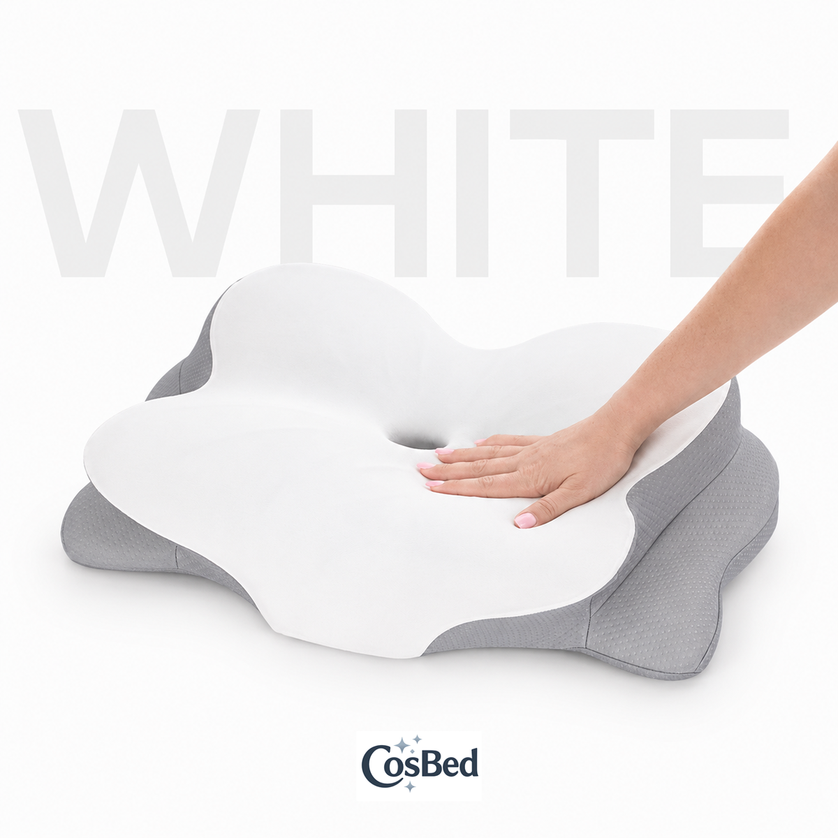 Angled view of CosBed adjustable height contour memory foam pillow for neck support