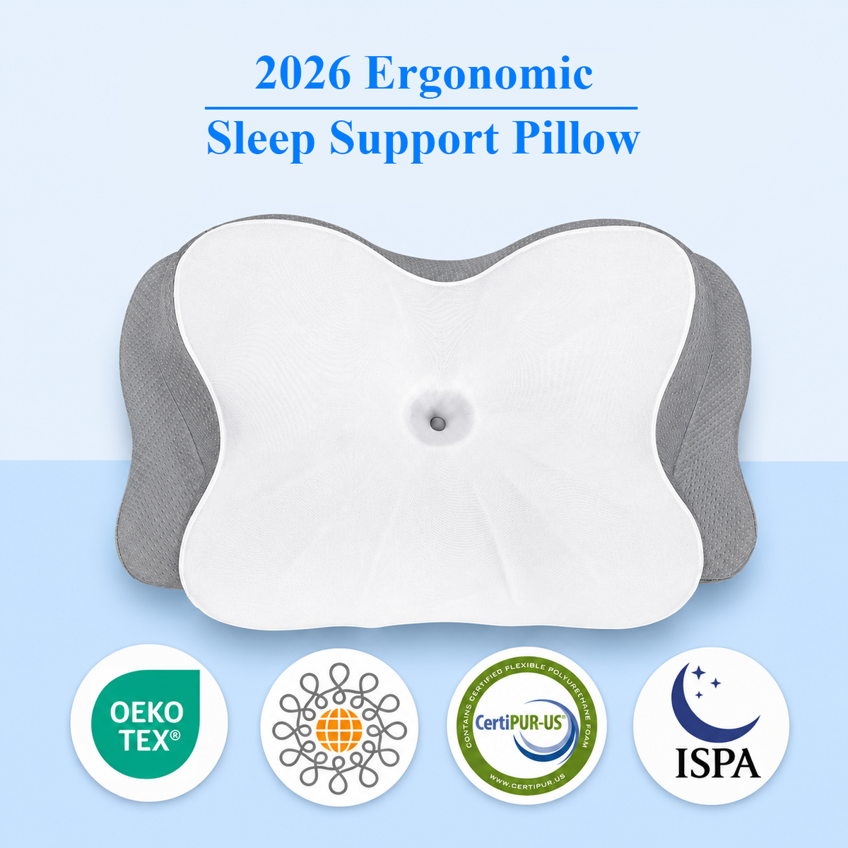 CosBed ergonomic contour memory foam pillow with central head cradle and gray breathable sides