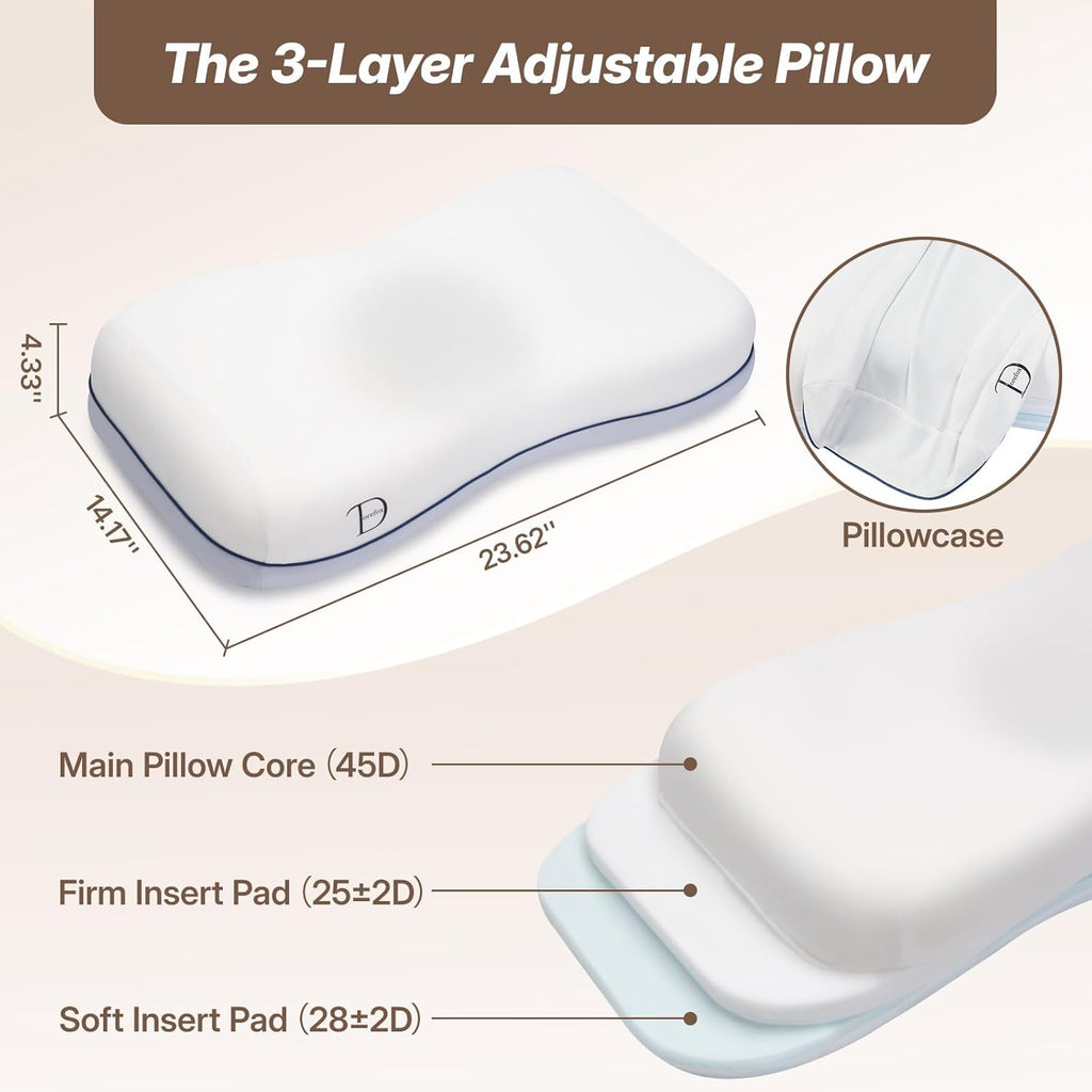 Three layer adjustable pillow with main core firm insert and soft insert pads
