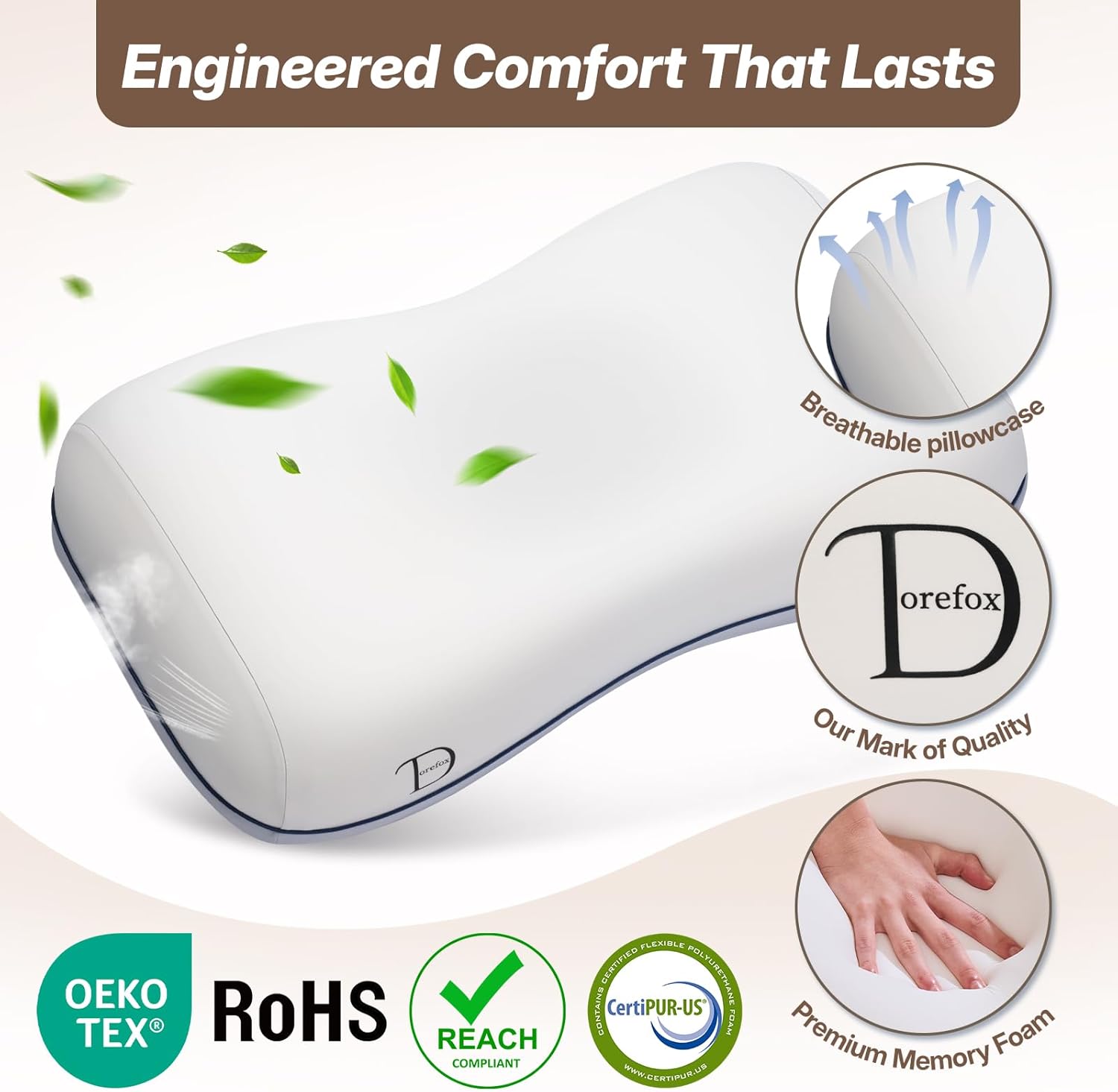 Breathable pillowcase with OEKO-TEX and CertiPUR-US certified premium memory foam