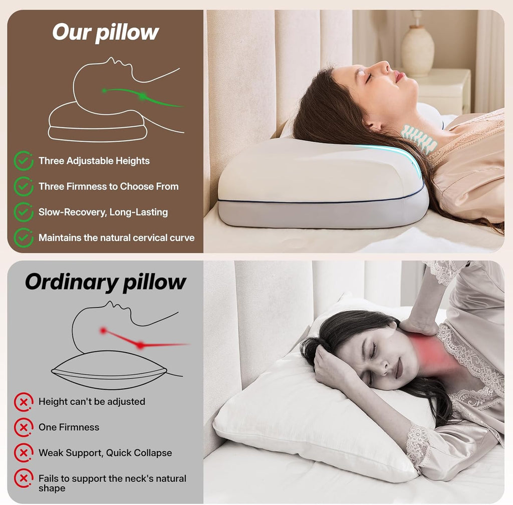 Adjustable pillow with three heights and firmness levels versus ordinary pillow