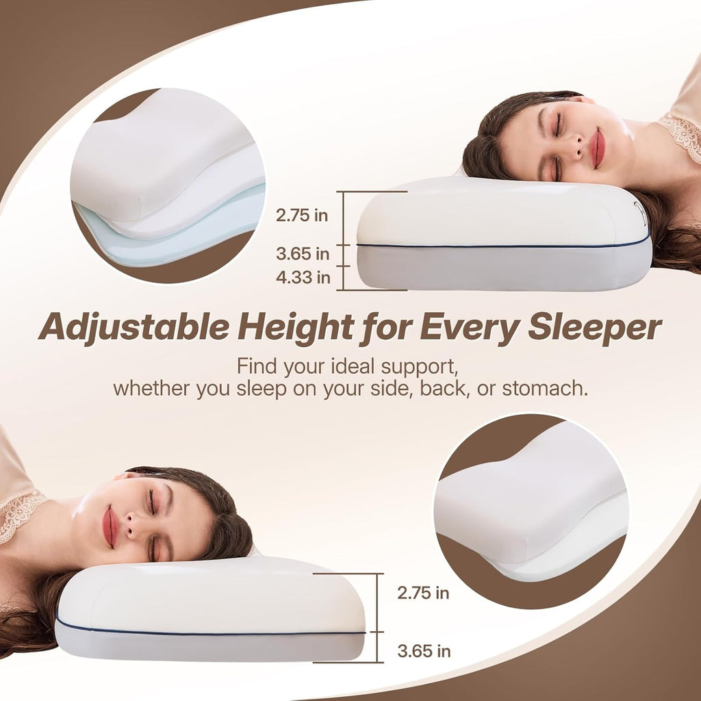 Adjustable memory foam pillow showing multiple height options