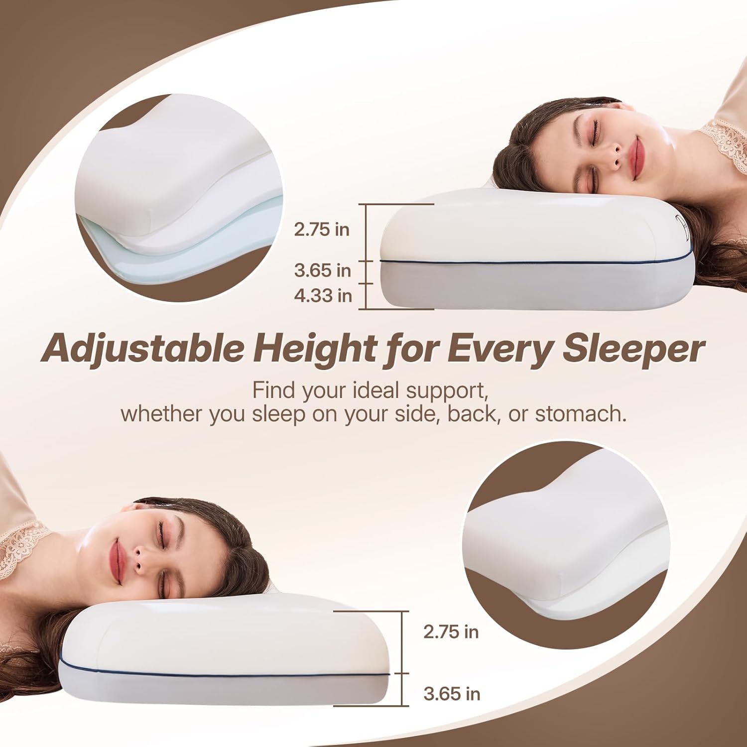 Adjustable memory foam pillow showing multiple height options