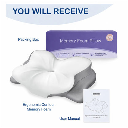 CosBed contour memory foam pillow package with ergonomic pillow, packing box and user manual